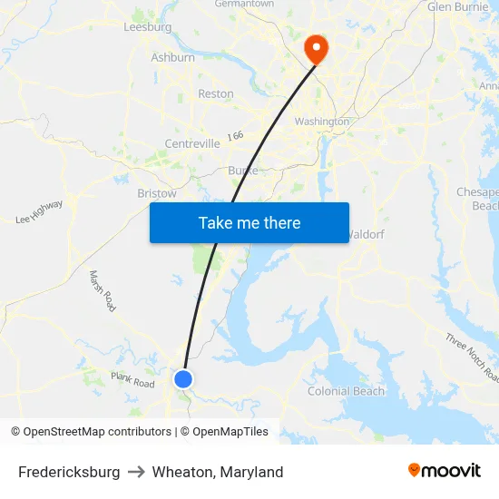 Fredericksburg to Wheaton, Maryland map