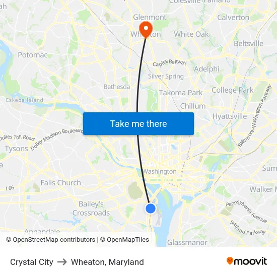 Crystal City to Wheaton, Maryland map