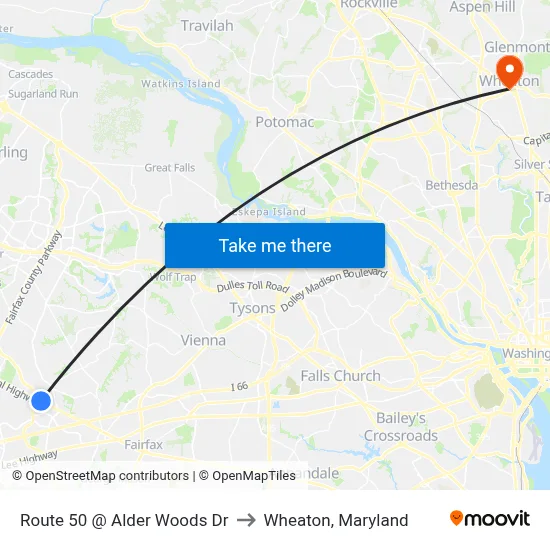 Route 50 @ Alder Woods Dr to Wheaton, Maryland map