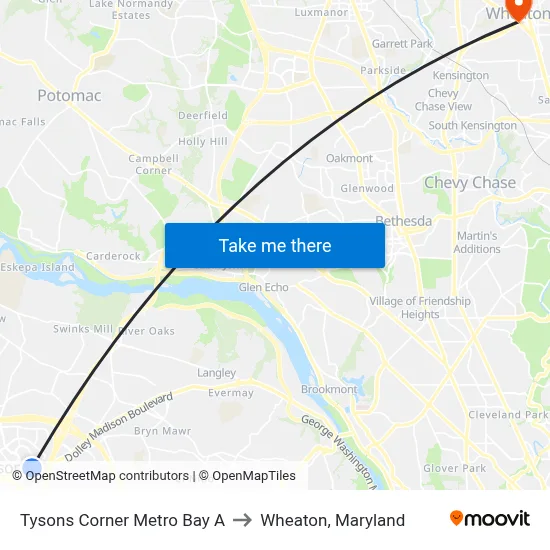 Tysons Corner Metro Bay A to Wheaton, Maryland map