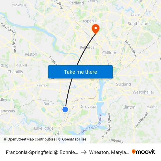 Franconia-Springfield @ Bonniemill to Wheaton, Maryland map