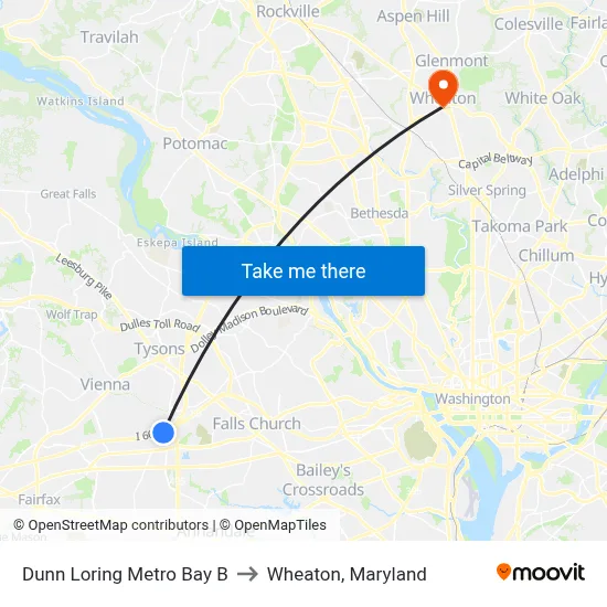 Dunn Loring Metro Bay B to Wheaton, Maryland map