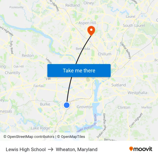 Lewis High School to Wheaton, Maryland map