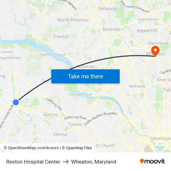 Reston Hospital Center to Wheaton, Maryland map