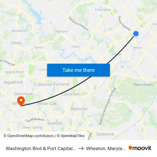 Washington Blvd & Port Capital Dr to Wheaton, Maryland map