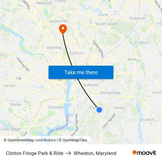 Clinton Fringe Park & Ride to Wheaton, Maryland map
