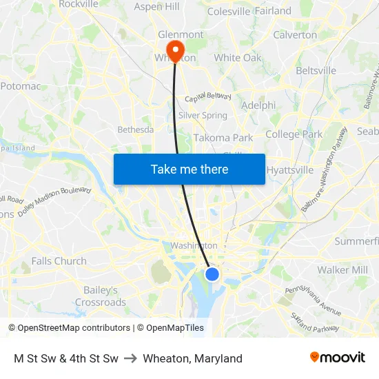 M St Sw & 4th St Sw to Wheaton, Maryland map