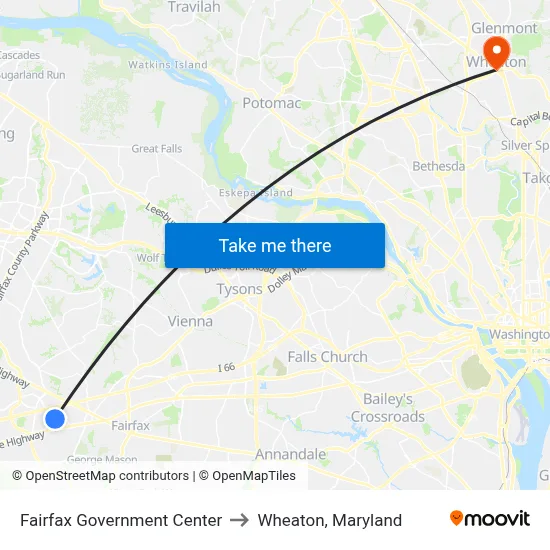 Fairfax Government Center to Wheaton, Maryland map