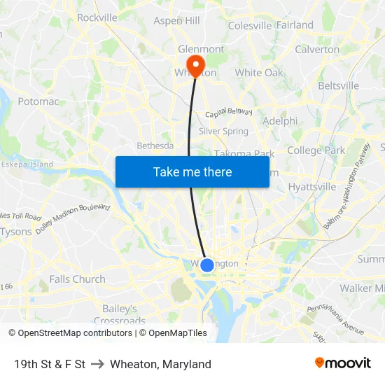 19th St & F St to Wheaton, Maryland map