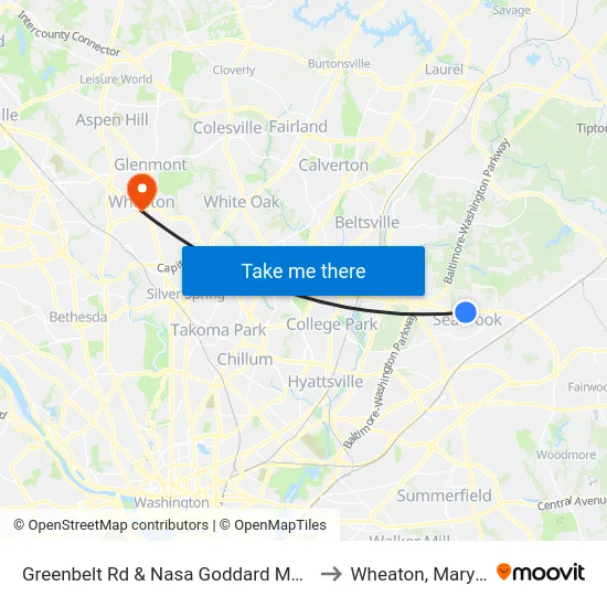 Greenbelt Rd & Nasa Goddard Main Gate to Wheaton, Maryland map