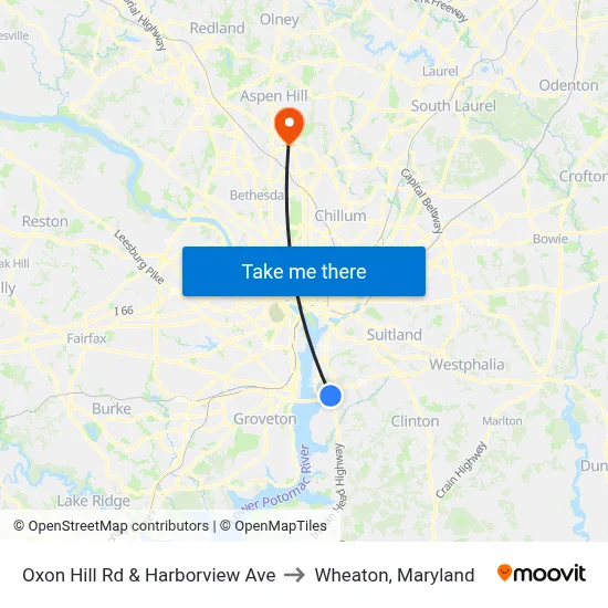 Oxon Hill Rd & Harborview Ave to Wheaton, Maryland map