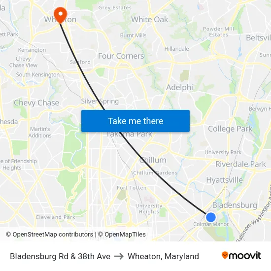 Bladensburg Rd & 38th Ave to Wheaton, Maryland map