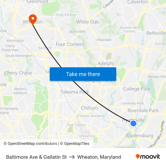 Baltimore Ave & Gallatin St to Wheaton, Maryland map