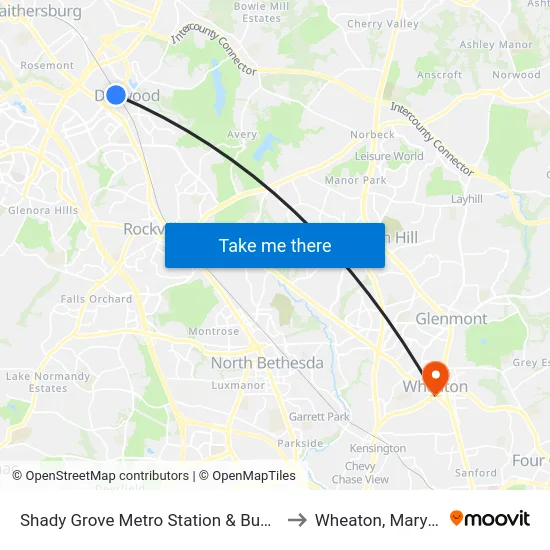 Shady Grove Metro Station & Bus Bay C to Wheaton, Maryland map