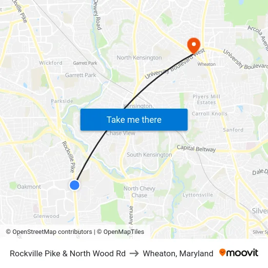 Rockville Pike & North Wood Rd to Wheaton, Maryland map