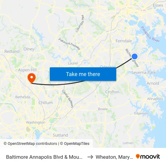 Baltimore Annapolis Blvd & Mountain Rd to Wheaton, Maryland map