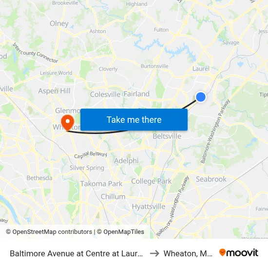 Baltimore Avenue at Centre at Laurel (Northbound) to Wheaton, Maryland map
