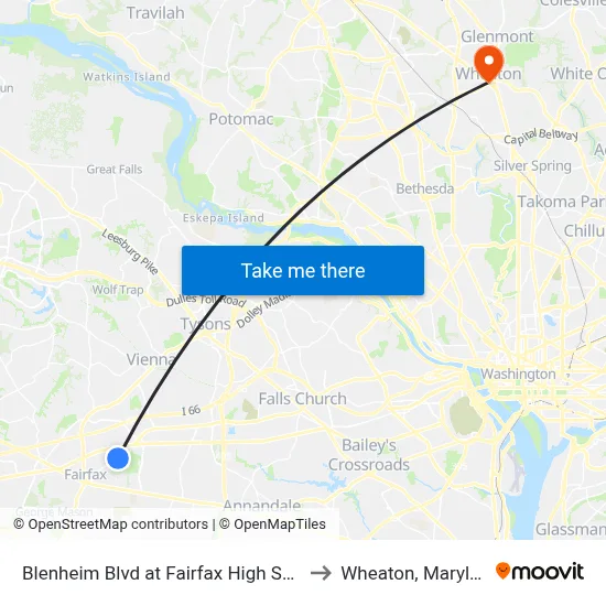 Blenheim Blvd at Fairfax High School to Wheaton, Maryland map