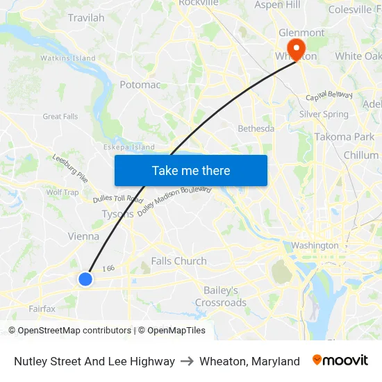 Nutley Street And Lee Highway to Wheaton, Maryland map