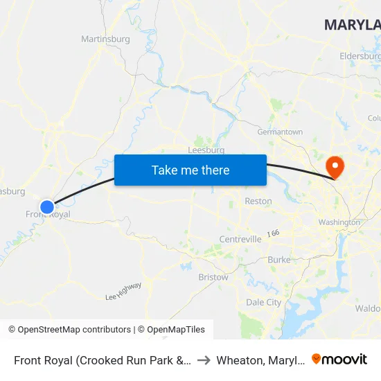 Front Royal (Crooked Run Park & Ride) to Wheaton, Maryland map