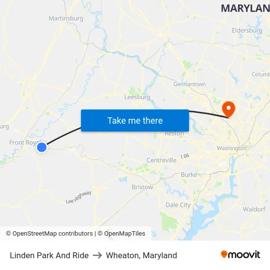 Linden Park And Ride to Wheaton, Maryland map
