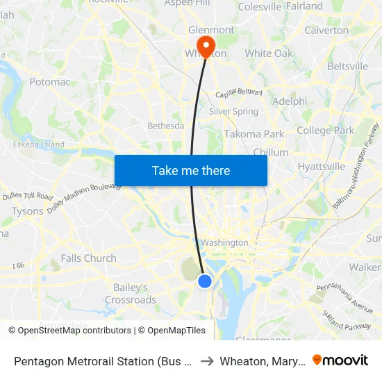 Pentagon Metrorail Station (Bus Bay L7) to Wheaton, Maryland map