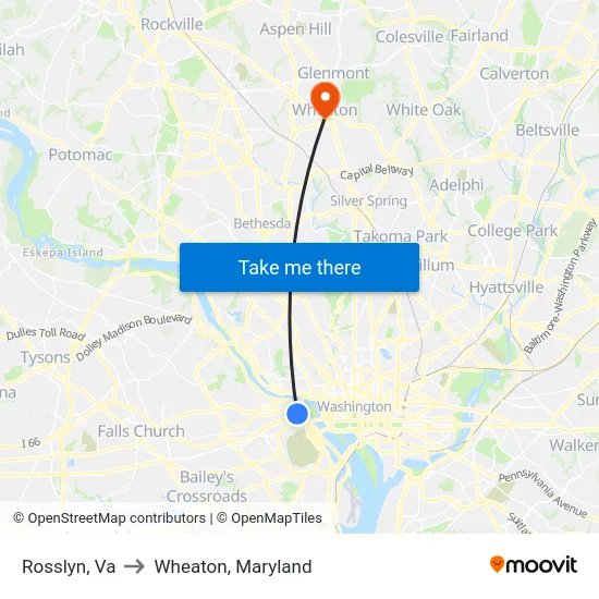 Rosslyn, Va to Wheaton, Maryland map