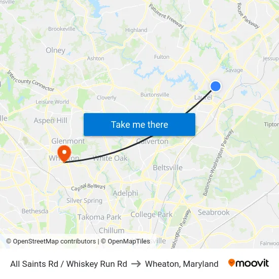 All Saints Rd / Whiskey Run Rd to Wheaton, Maryland map
