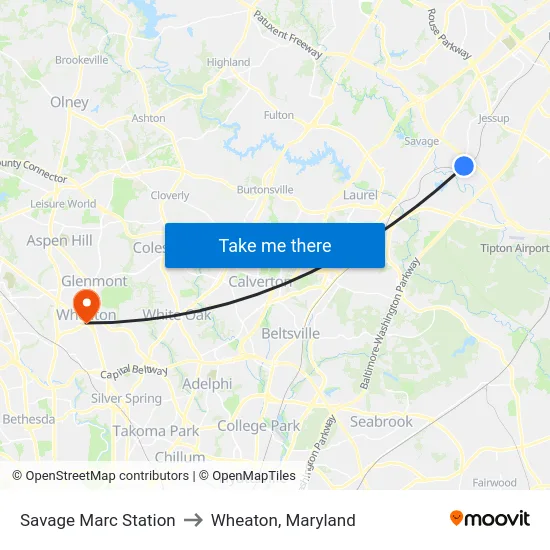 Savage Marc Station to Wheaton, Maryland map