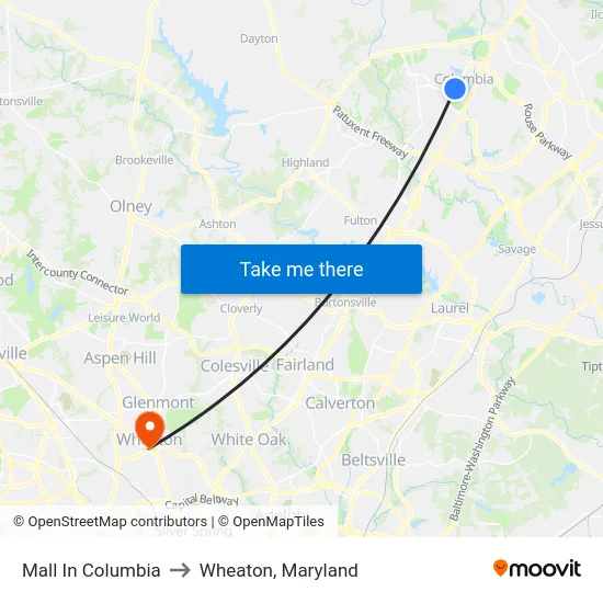 Mall In Columbia to Wheaton, Maryland map