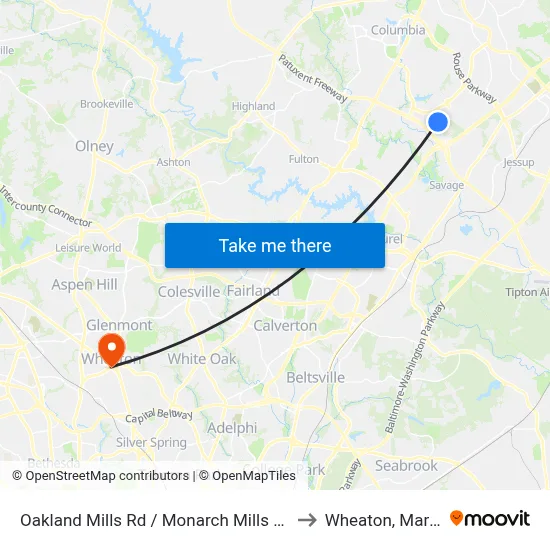 Oakland Mills Rd / Monarch Mills Way South to Wheaton, Maryland map
