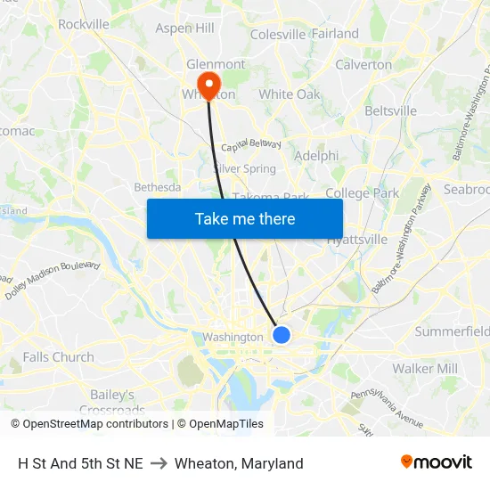 H St And 5th St NE to Wheaton, Maryland map