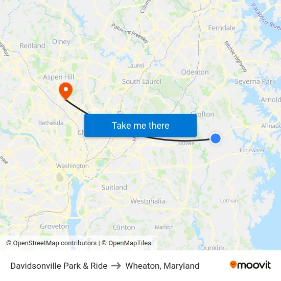 Davidsonville Park & Ride to Wheaton, Maryland map