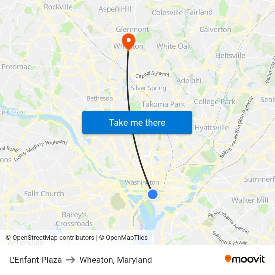 L'Enfant Plaza to Wheaton, Maryland map