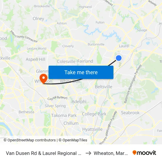 Van Dusen Rd & Laurel Regional Hospital to Wheaton, Maryland map