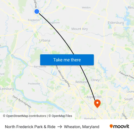 North Frederick Park & Ride to Wheaton, Maryland map