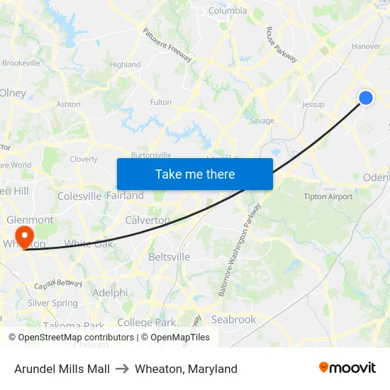 Arundel Mills Mall to Wheaton, Maryland map