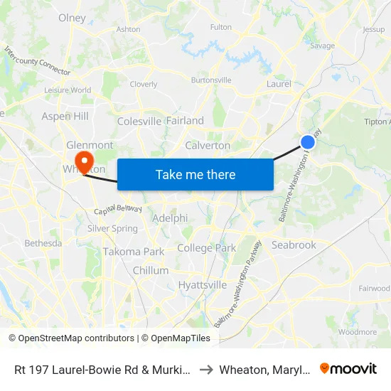 Rt 197 Laurel-Bowie Rd & Murkirk Rd to Wheaton, Maryland map