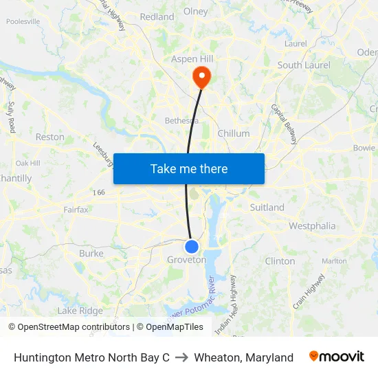 Huntington Metro North Bay C to Wheaton, Maryland map