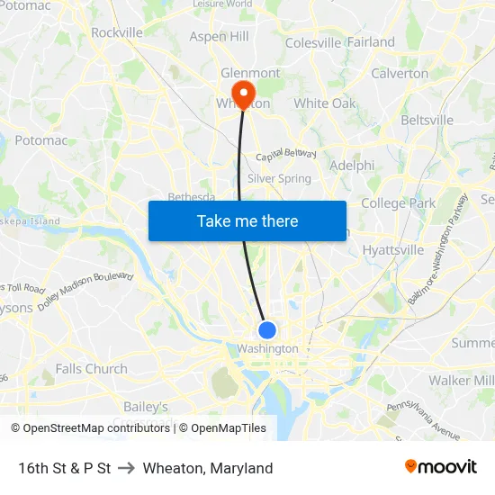 16th St & P St to Wheaton, Maryland map