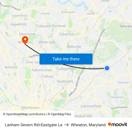 Lanham Severn Rd+Eastgate La to Wheaton, Maryland map
