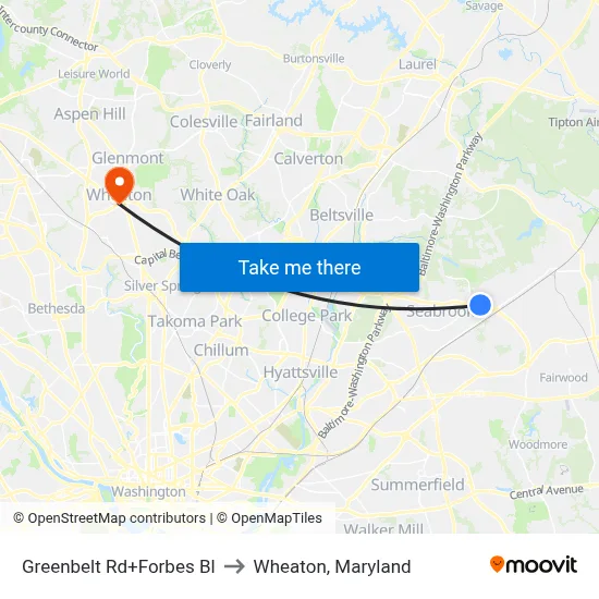 Greenbelt Rd+Forbes Bl to Wheaton, Maryland map