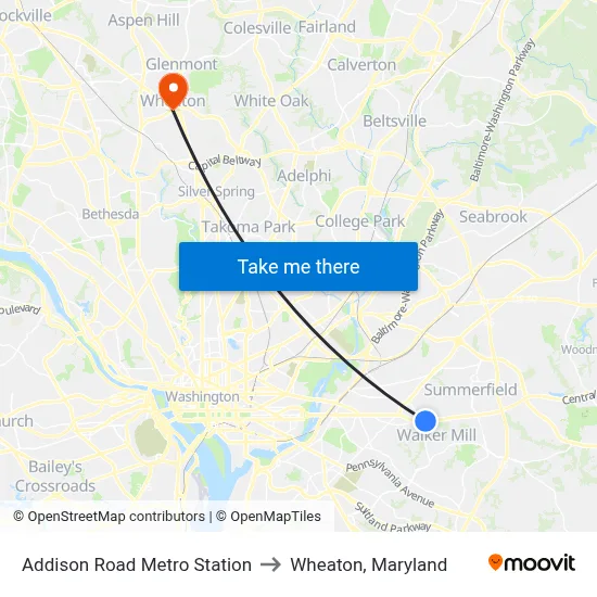 Addison Road Metro Station to Wheaton, Maryland map