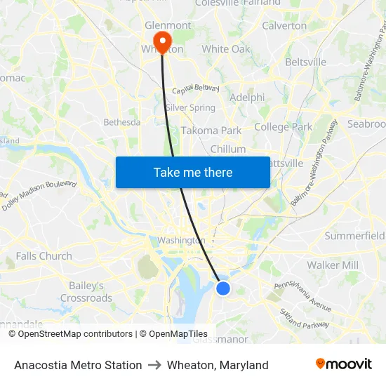 Anacostia Metro Station to Wheaton, Maryland map