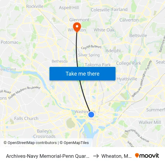 Archives-Navy Memorial-Penn Quarter Metro Station to Wheaton, Maryland map