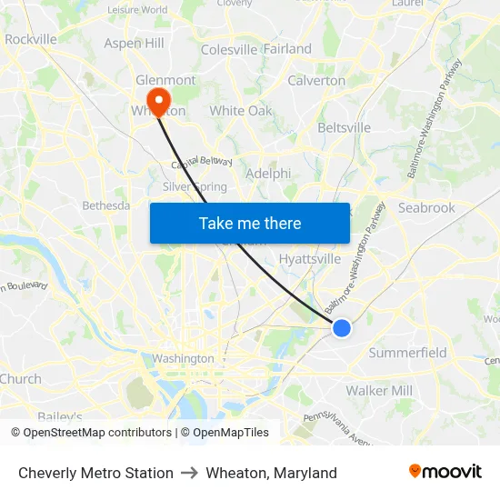 Cheverly Metro Station to Wheaton, Maryland map