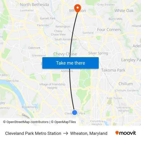 Cleveland Park Metro Station to Wheaton, Maryland map