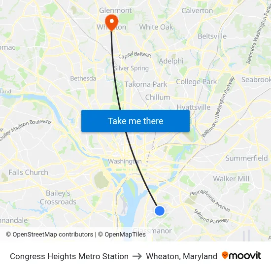 Congress Heights Metro Station to Wheaton, Maryland map