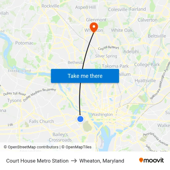 Court House Metro Station to Wheaton, Maryland map