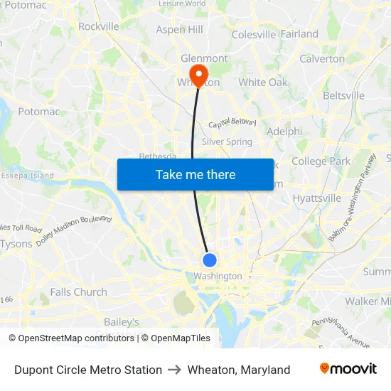 Dupont Circle Metro Station to Wheaton, Maryland map